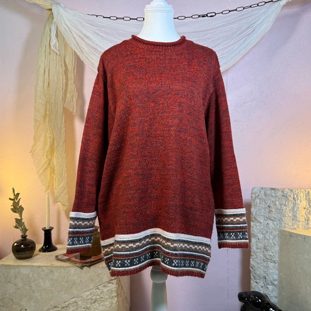 Rust Fair Isle Knit Sweater L | Oversized Cozy Nordic Winter Pullover